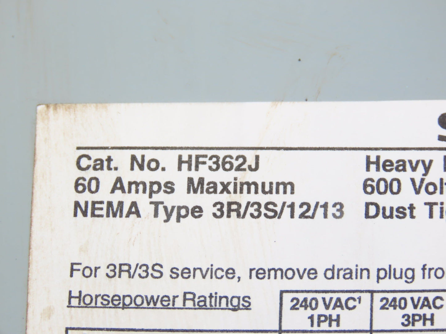 Siemens HF362J Safety Disconnect Switch 60A 3 Pole 600V AC Fusible