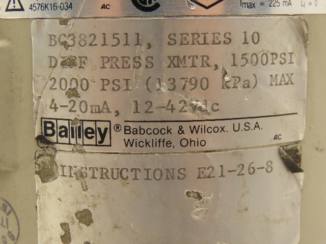 Bailey BC3821511 Differential Pressure Transmitter 2000psi 12-42vdc 4-20mA