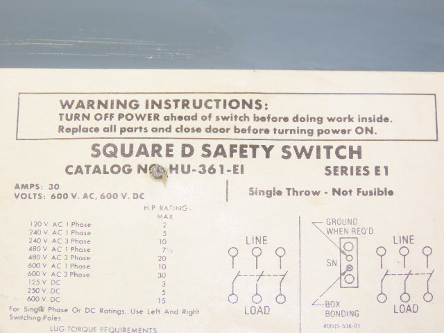Square D HU-361-E1 Safety Disconnect Switch 30A 600V Non Fused Mixed Lot of 7