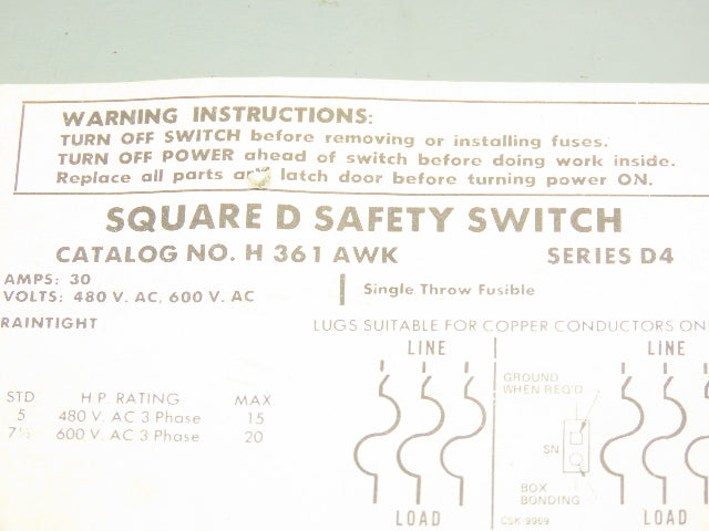 Square D H361AWK Safety Disconnect Switch Fusible 30A 600V 30HP  3 Pole Ser D4