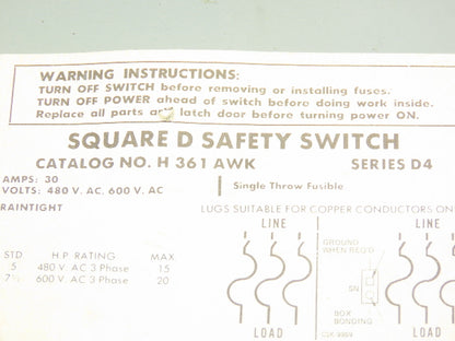 Square D H361AWK Safety Disconnect Switch Fusible 30A 600V 30HP  3 Pole Ser D4
