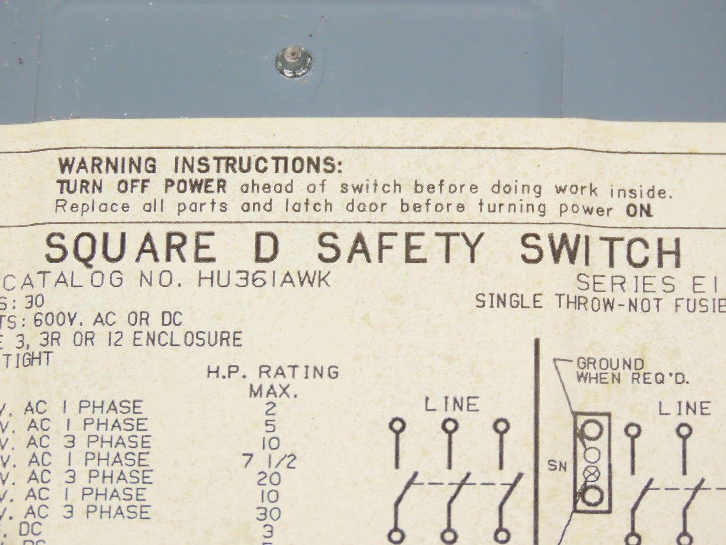 Square D HU361AWK Safety Disconnect Switch 30A 600V 30HP Non Fused 3 Pole Ser E1