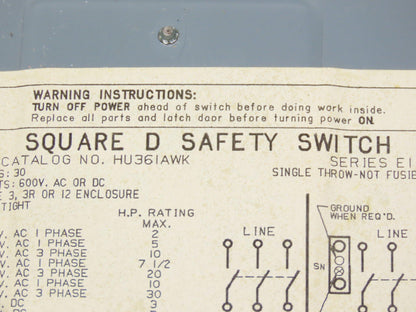 Square D HU361AWK Safety Disconnect Switch 30A 600V 30HP Non Fused 3 Pole Ser E1