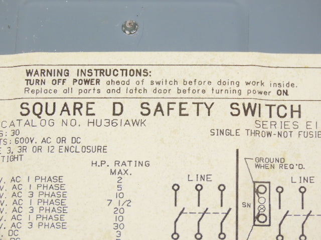 Square D HU361AWK Safety Disconnect Switch 30A 600V 30HP Non Fused 3 Pole Ser E1