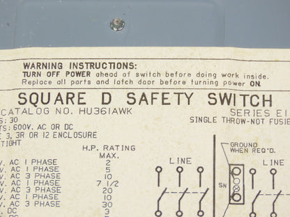 Square D HU361AWK Safety Disconnect Switch 30A 600V 30HP Non Fused 3 Pole Ser E1