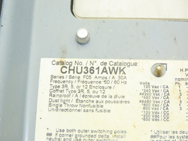 Square D CHU361AWK Safety Disconnect Switch 30A 600V 30HP Non Fused 3 Pole