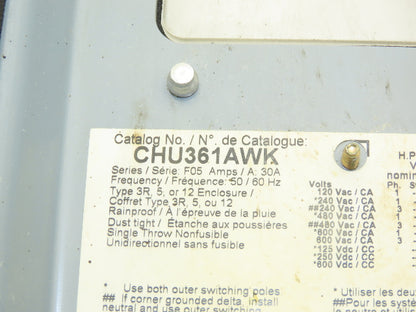 Square D CHU361AWK Safety Disconnect Switch 30A 600V 30HP Non Fused 3 Pole