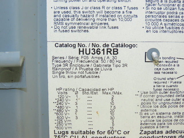 Square D HU361RB Safety Disconnect Switch 30A 600V 3Ph 30HP Non Fused