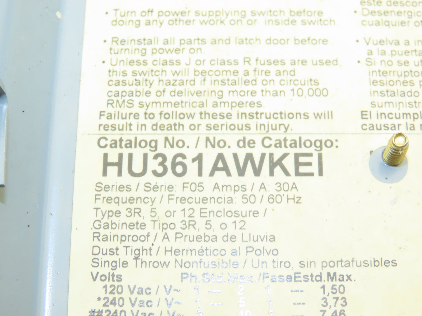 Square D HU361AWKEI Safety Disconnect Switch 30A 600V 30HP Non Fused 3 Pole