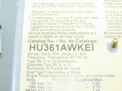 Square D HU361AWKEI Safety Disconnect Switch 30A 600V 30HP Non Fused 3 Pole