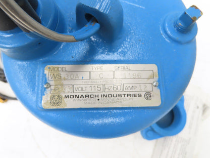 Monarch WS 30A Cast Iron Submersible Sewage Sump Pump with Float 2"NPT 115V