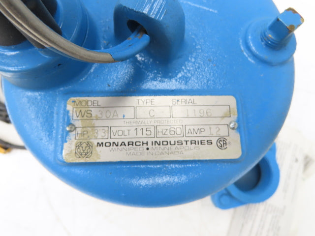 Monarch WS 30A Cast Iron Submersible Sewage Sump Pump with Float 2"NPT 115V