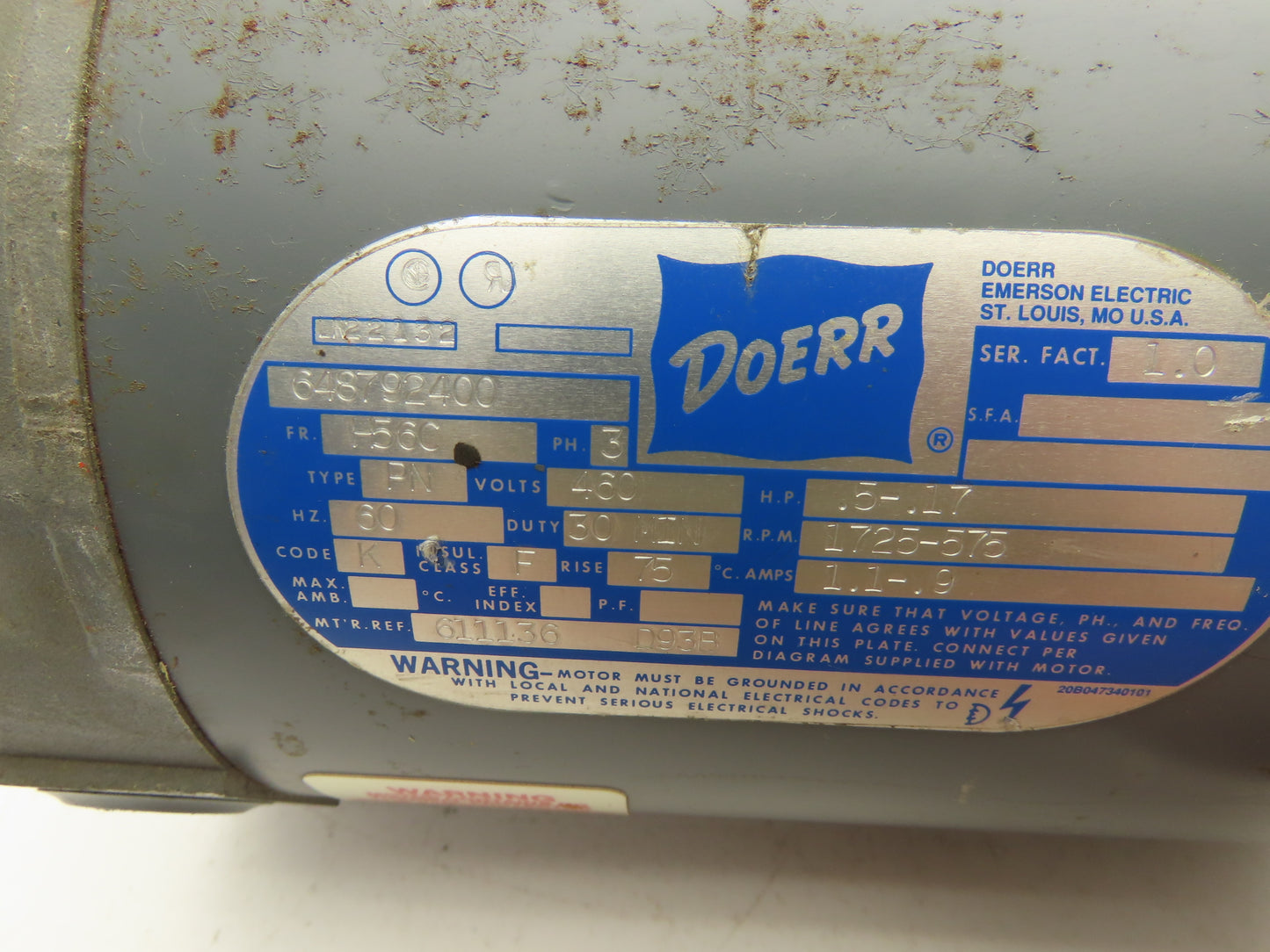 Doerr Electric AC Motor .5Hp 575-1725rpm 460V 3PH H56C 30 Min Duty Rating