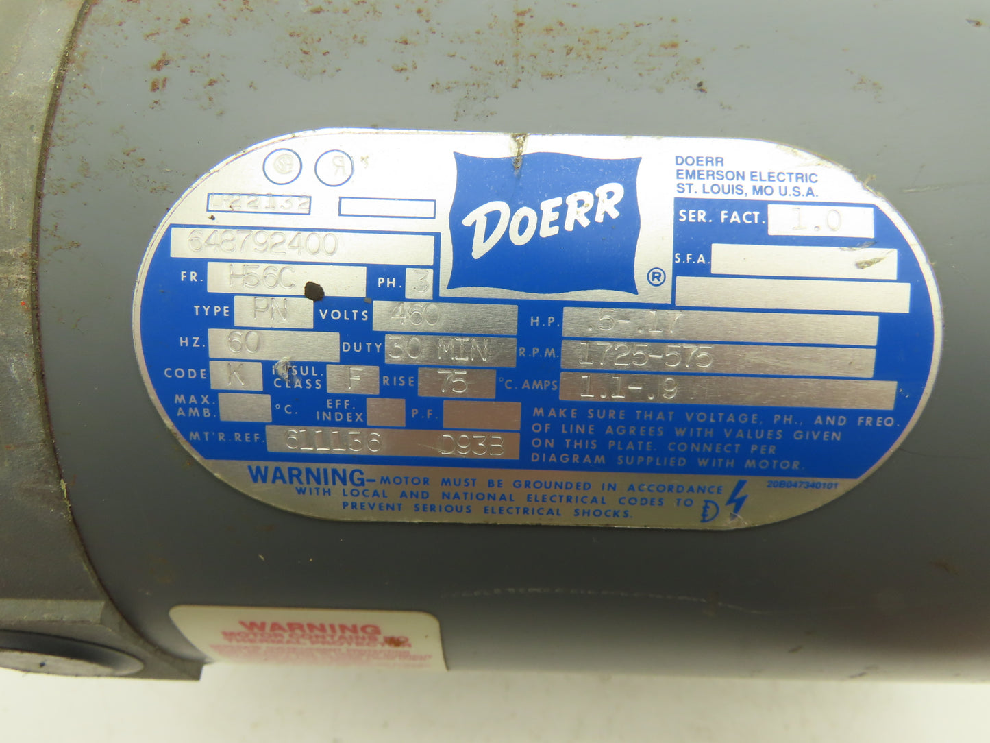 Doerr Electric AC Motor .5Hp 575-1725rpm 460V 3PH H56C 30 Min Duty Rating