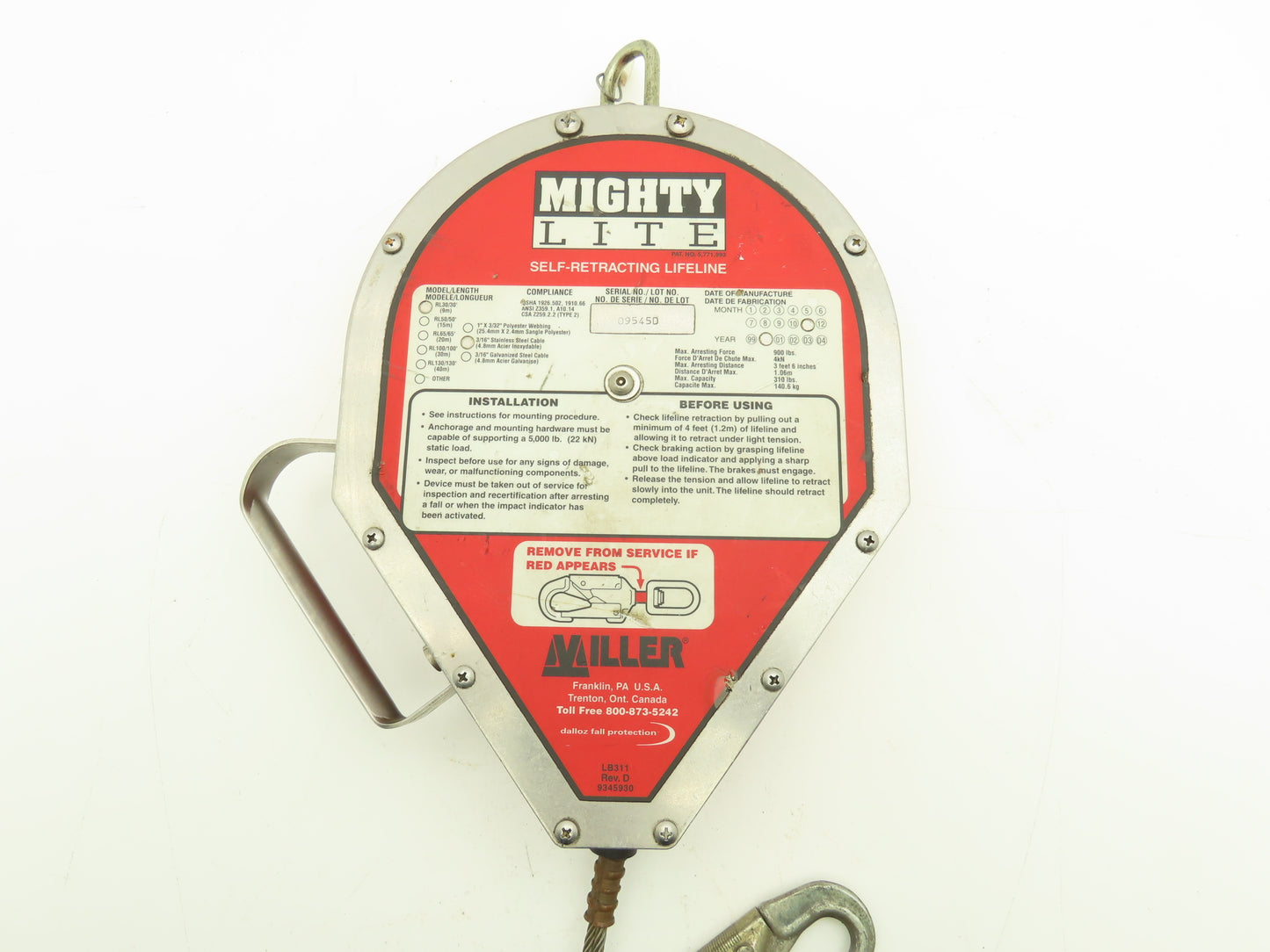 Miller RL30/30 Mighty Lite Self Retracting Fall Safety Lifeline 30'