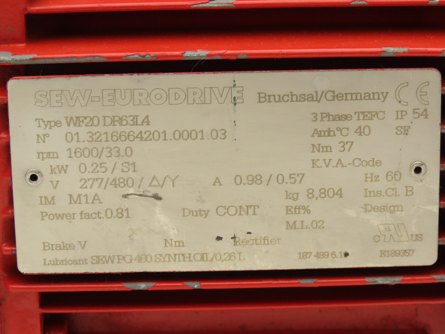 Sew Eurodrive WF20DR63L4 Gearmotor 48:1 Reducer 33rpm .25kw 277/480V 3PH 63L