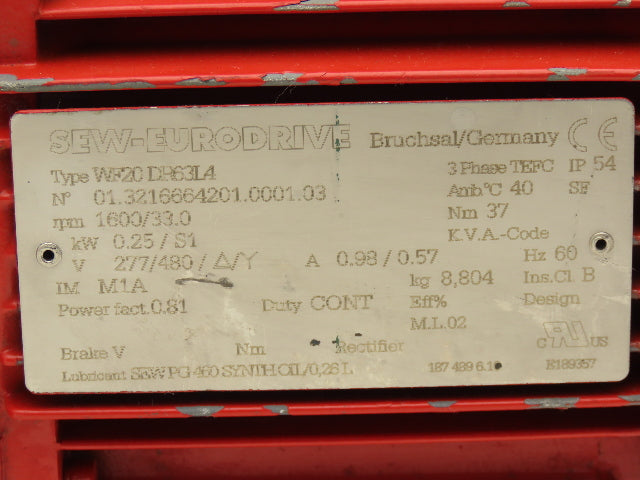Sew Eurodrive WF20DR63L4 Gearmotor 48:1 Reducer 33rpm .25kw 277/480V 3PH 63L