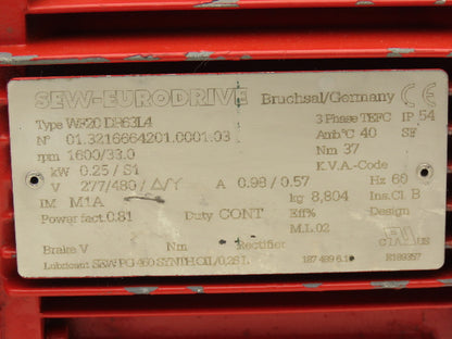 Sew Eurodrive WF20DR63L4 Gearmotor 48:1 Reducer 33rpm .25kw 277/480V 3PH 63L