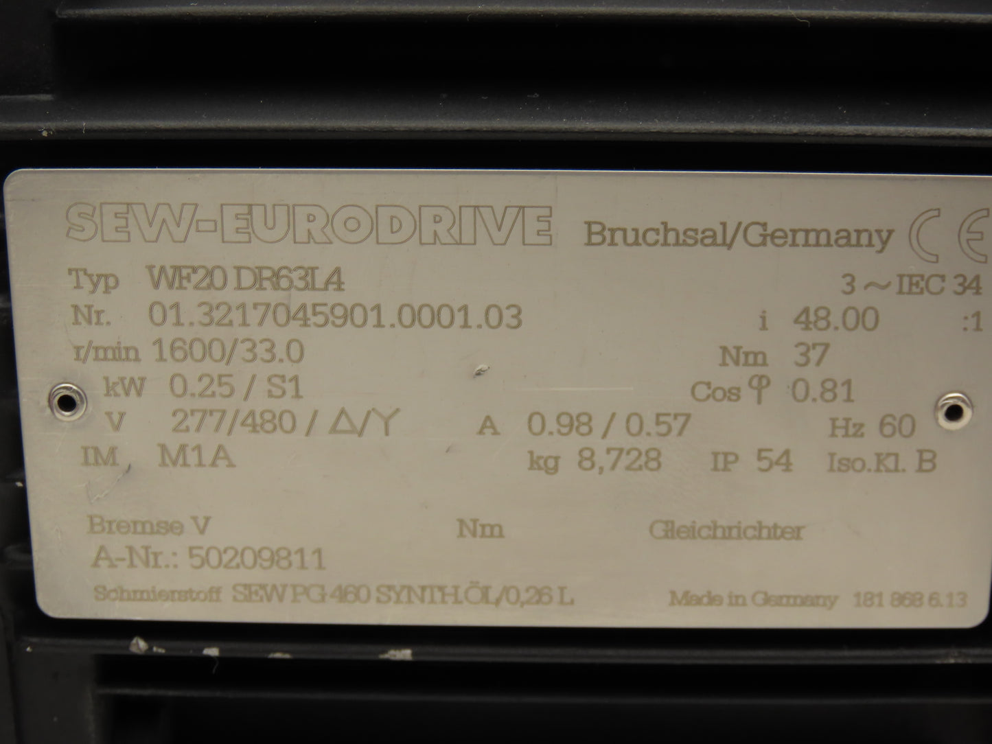Sew Eurodrive WF20DR63L4 Gearmotor 48:1 Reducer 33rpm .25kw 277/480V 3PH 63L