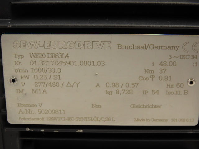 Sew Eurodrive WF20DR63L4 Gearmotor 48:1 Reducer 33rpm .25kw 277/480V 3PH 63L