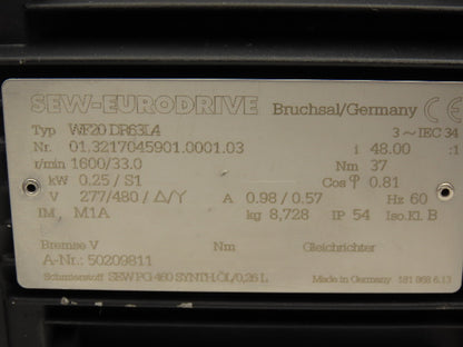 Sew Eurodrive WF20DR63L4 Gearmotor 48:1 Reducer 33rpm .25kw 277/480V 3PH 63L