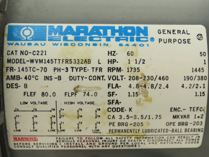 Marathon Electric C221 AC Motor 1-1/2Hp 1735rpm 208-230v 3ph 145TC TEFC