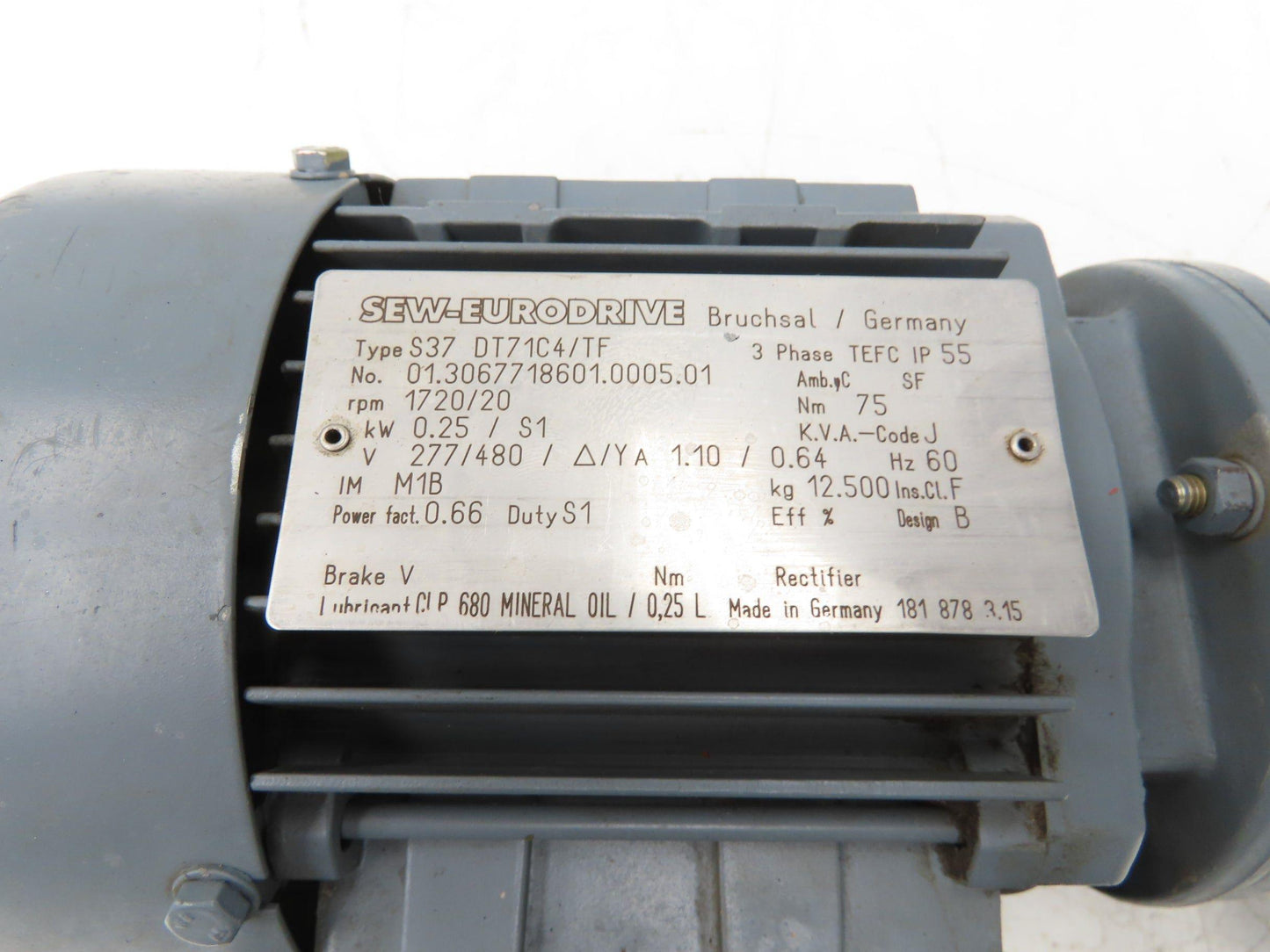 Sew-Eurodrive S37 DT71C4/TF Gearmotor 86:1 Reducer 20rpm .25kW 277/480v 3ph