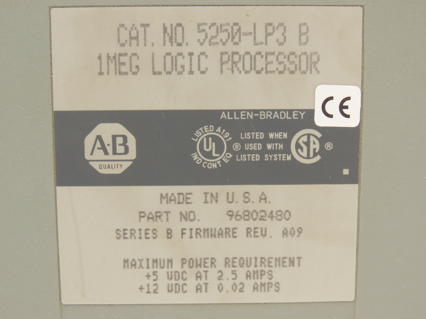 Allen Bradley 5250-LP3 1Meg Logic Processor Card Ser B F/W Rev A09