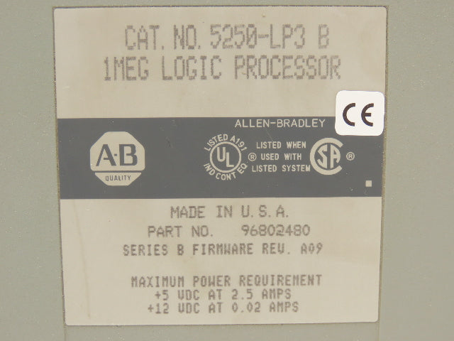 Allen Bradley 5250-LP3 1Meg Logic Processor Card Ser B F/W Rev A09