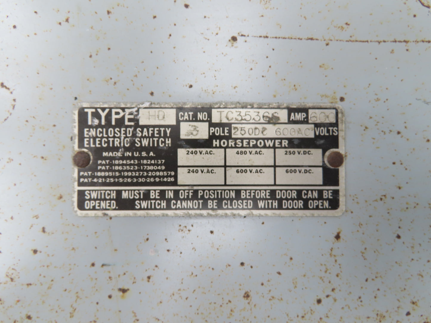 GE TC35366 Double Throw Transfer Safety Switch 600 Amp 600 Volt 3 Pole