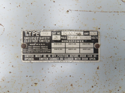 GE TC35366 Double Throw Transfer Safety Switch 600 Amp 600 Volt 3 Pole