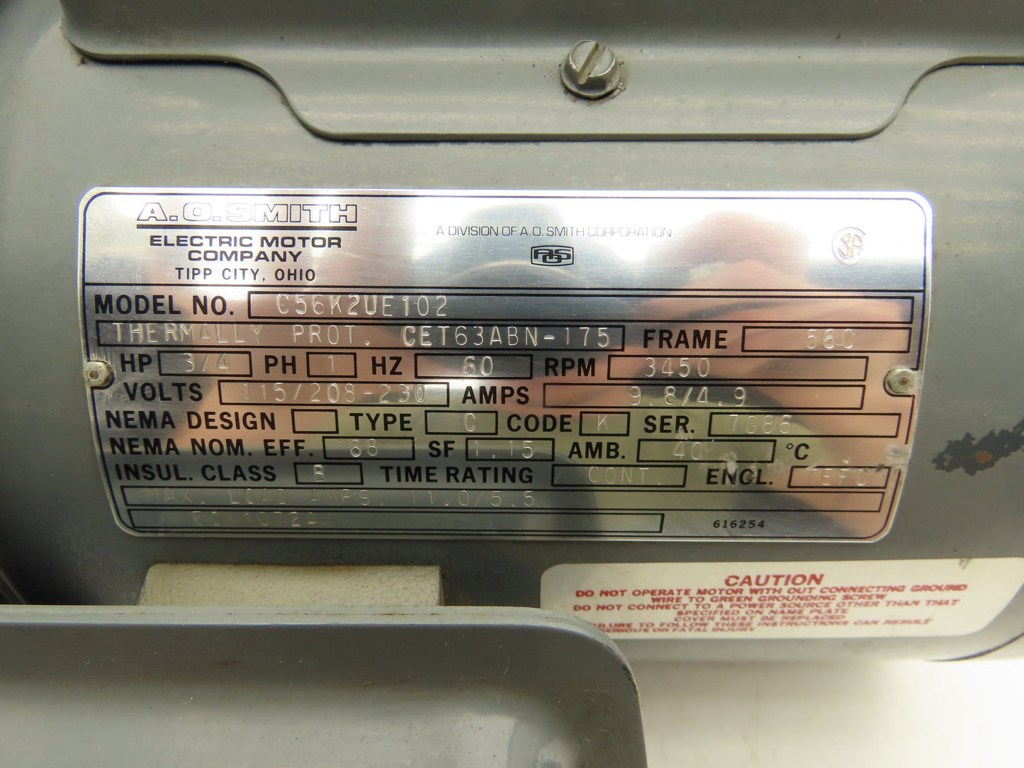AO Smith C56K2UE102 Single Phase AC Motor 3/4Hp 3450 RPM 115/208-230V 1PH 56C