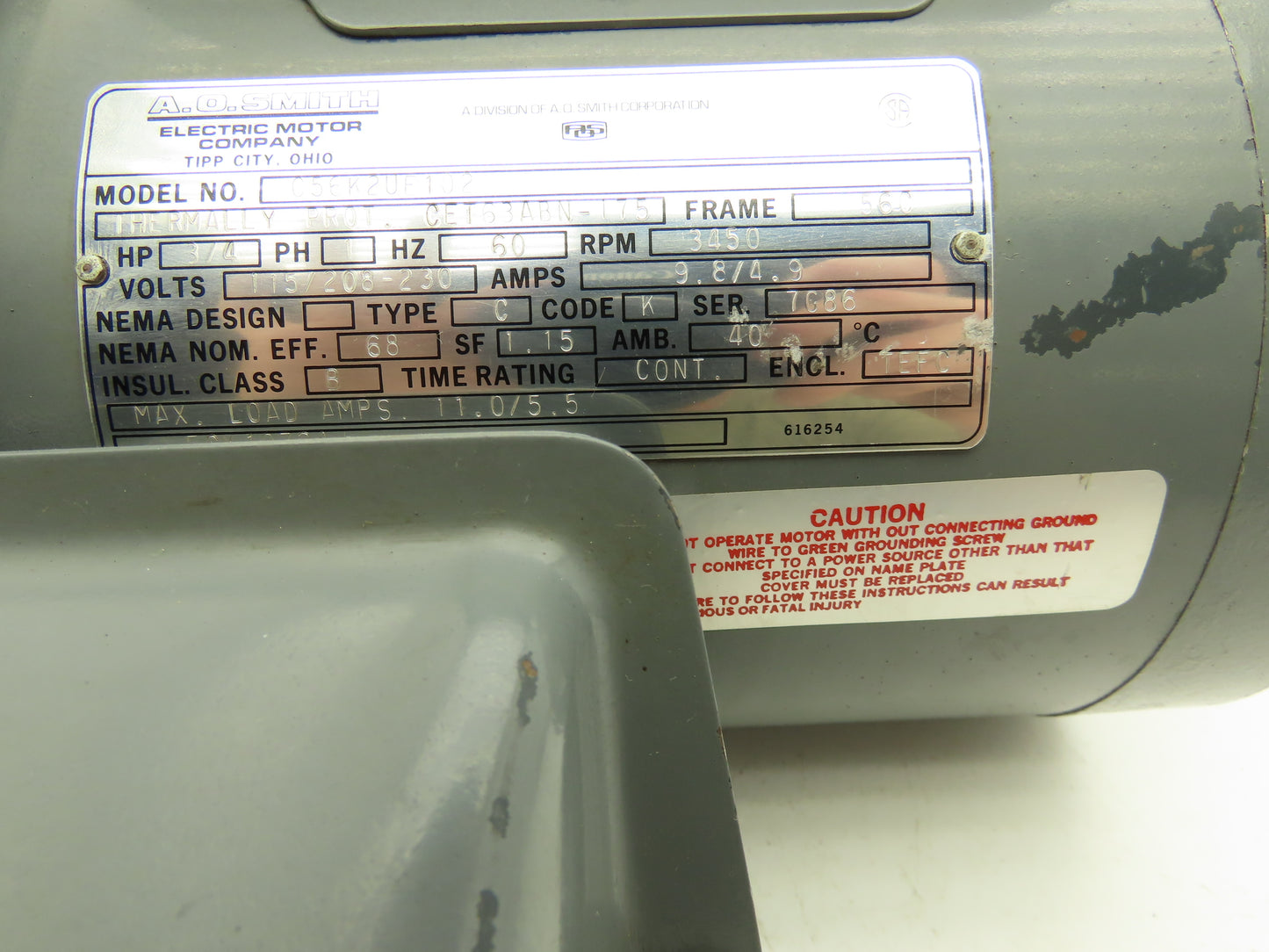 AO Smith C56K2UE102 Single Phase AC Motor 3/4Hp 3450 RPM 115/208-230V 1PH 56C