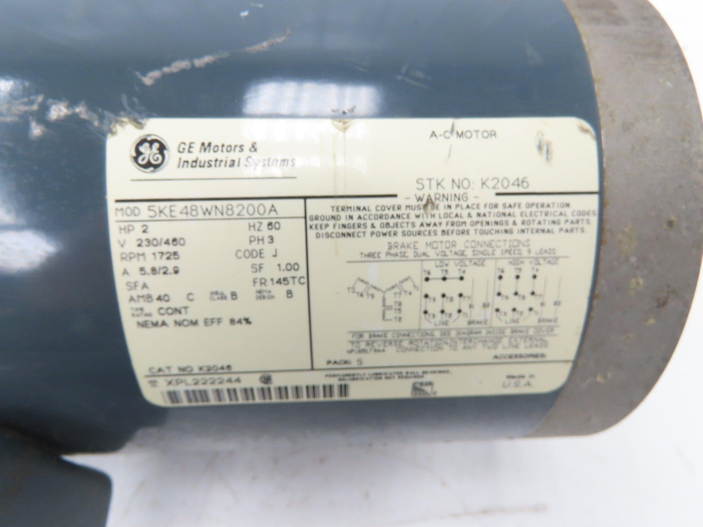 GE General Electric 5KE48WN8200A Brake Motor 2Hp 1725 RPM 230/460VAC 3PH 145TC