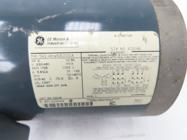 GE General Electric 5KE48WN8200A Brake Motor 2Hp 1725 RPM 230/460VAC 3PH 145TC