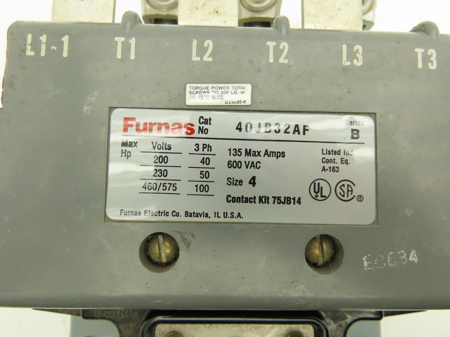 Furnas 40JB32AF Motor Starter Contactor 135A 600VAC 3ph 100Hp NEMA 4 120V Coil