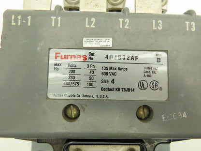 Furnas 40JB32AF Motor Starter Contactor 135A 600VAC 3ph 100Hp NEMA 4 120V Coil