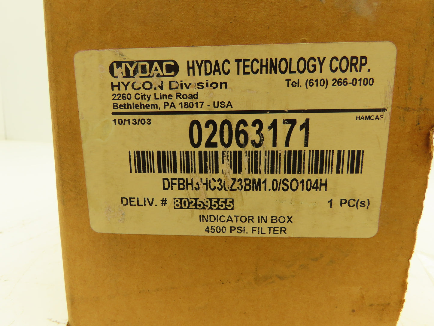 Hydac DFBH3HC30Z3BM1.0/SO104H Hydraulic Filter w/Pressure Indicator B8420BMHFV