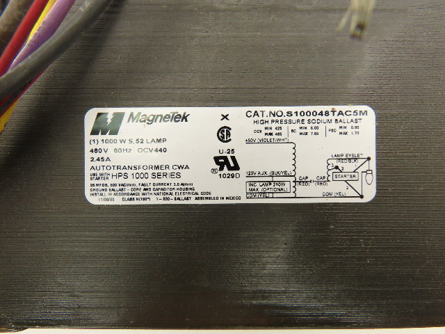 Magnetek S100048TAC5M-500K Sodium Magnetic Light Ballast 1000W S52 Lamp 480V