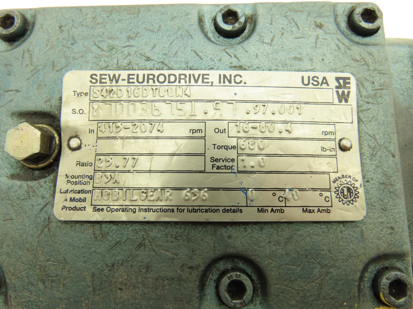 Sew Eurodrive S42D16DT80N4 Worm Gearbox 25.77 Reducer 16-80 Variable RPM LH