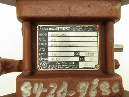 Textron Cone Drive HU20-C1 Speed Reducer Gearbox 10:1 Ratio 2.5Hp 175rpm