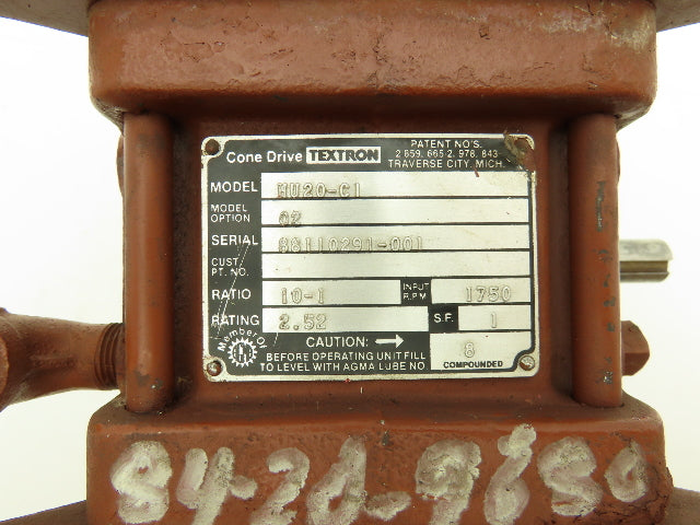 Textron Cone Drive HU20-C1 Speed Reducer Gearbox 10:1 Ratio 2.5Hp 175rpm