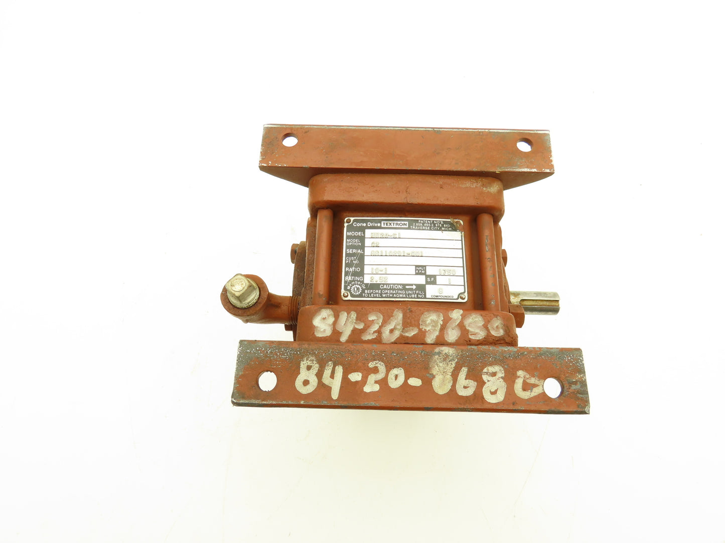 Textron Cone Drive HU20-C1 Speed Reducer Gearbox 10:1 Ratio 2.5Hp 175rpm