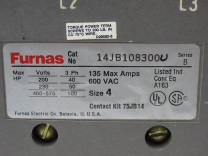 Furnas 14JB108300 Motor Starter 135A 200/230VAC/575VAC 3ph 40/50/100Hp NEMA 4
