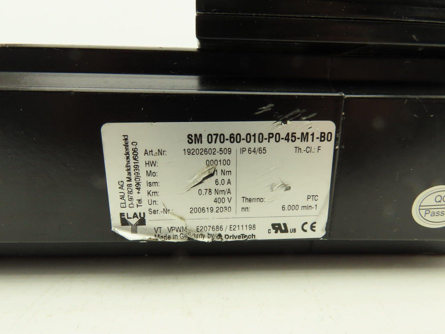 Elau SM 070-60-010-P0-45-M1-B0 AC Servo Motor 6000rpm 400V 6A 1.1Nm 000100 HW