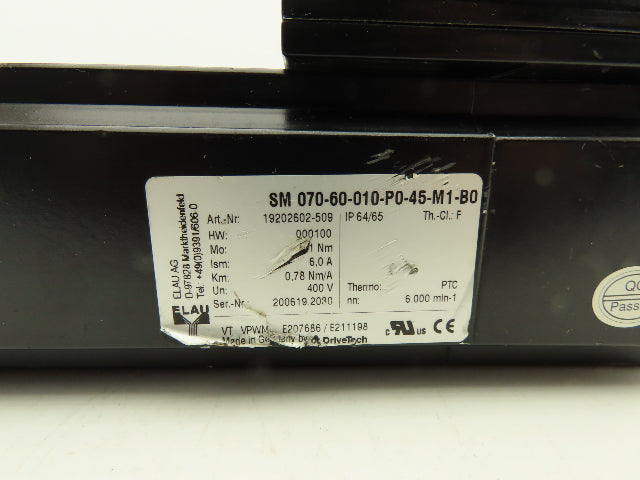 Elau SM 070-60-010-P0-45-M1-B0 AC Servo Motor 6000rpm 400V 6A 1.1Nm 000100 HW
