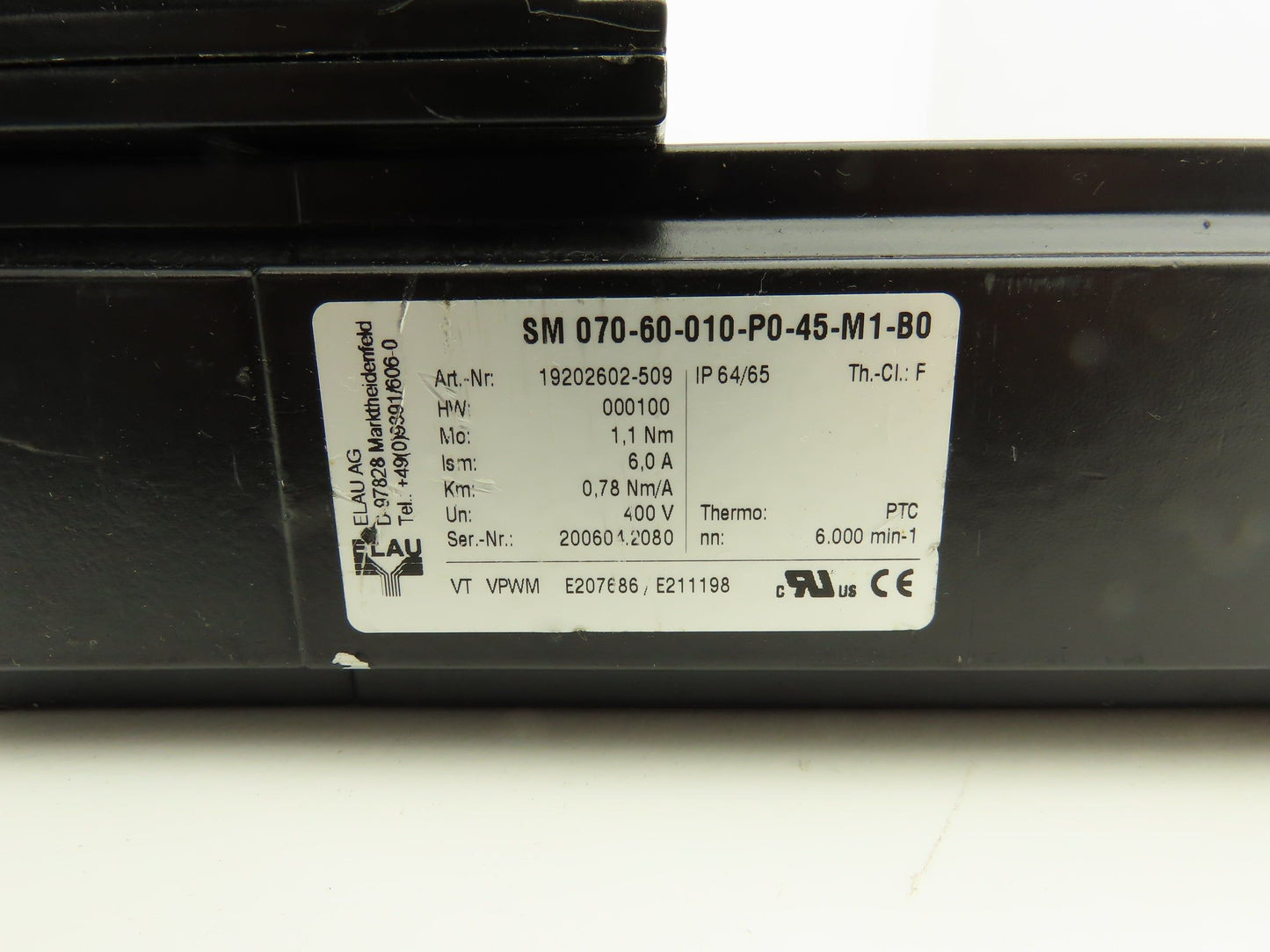 Elau SM 070-60-010-P0-45-M1-B0 AC Servo Motor 6000rpm 400V 6A 1.1Nm 000100 HW