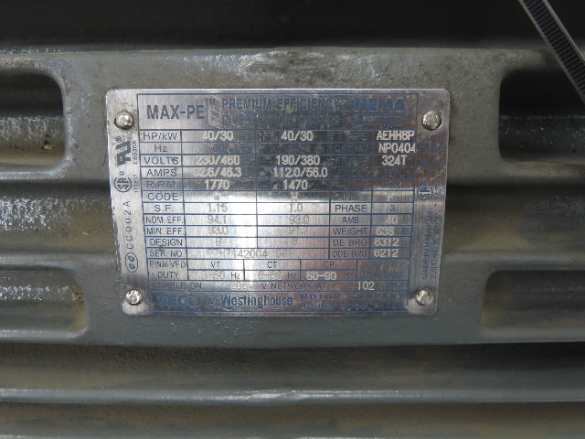 TECO Westinghouse AEHH8P NP0404 AC Motor 40Hp 1770rpm 230/460V 3PH 324TC