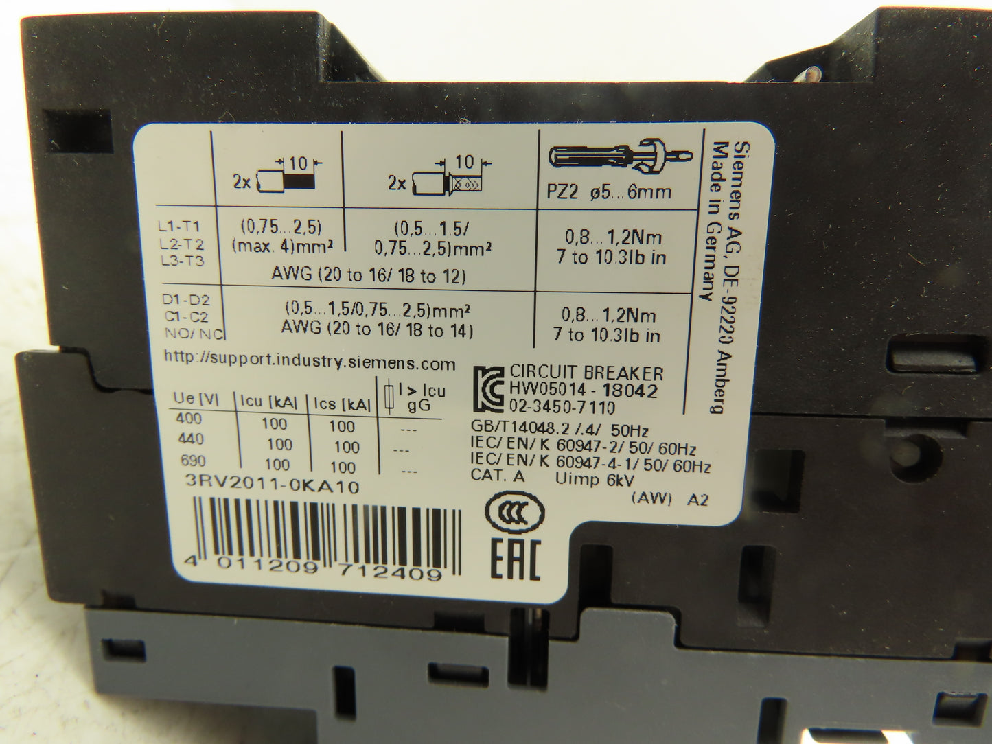 Siemens 3RV2011-0KA10 Circuit Breaker 0.9-1.25 Amp 600V 3/4HP 3Ph