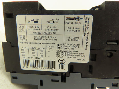 Siemens 3RV2011-0KA10 Circuit Breaker 0.9-1.25 Amp 600V 3/4HP 3Ph